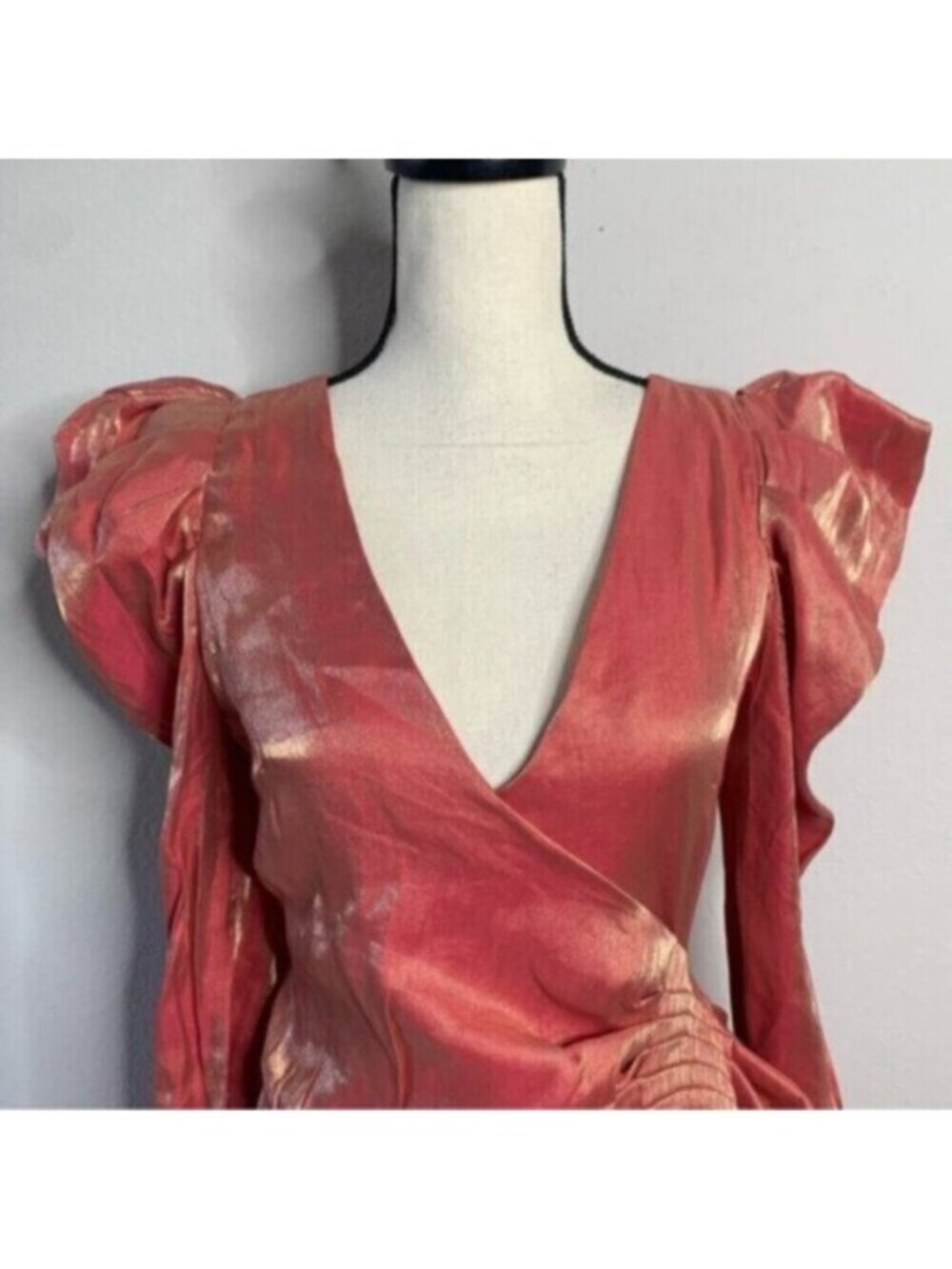 Elliatt Metallic Copper Gold Puff Shoulder Long Sleeve Wrap Mini Dress - Picture 7 of 15